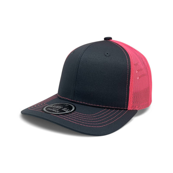 Plain Slide Curve 6Panel Mesh Hat 6001 Adjustable Snapback - CHARCOAL/N.PINK