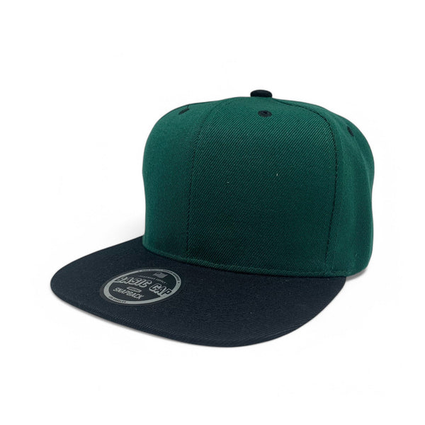 Basic Cap Plain Poly Snapback Hat 8002 - D.GREEN/BLACK