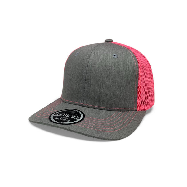Plain Slide Curve 6Panel Mesh Hat 6001 Adjustable Snapback - H.GRAY/N.PINK