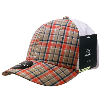 Decky 6 Panel Mid Profile Structured Plaid Trucker Hat – Adjustable Cap | 6017