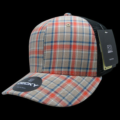 Decky 6 Panel Mid Profile Structured Plaid Trucker Hat – 6018