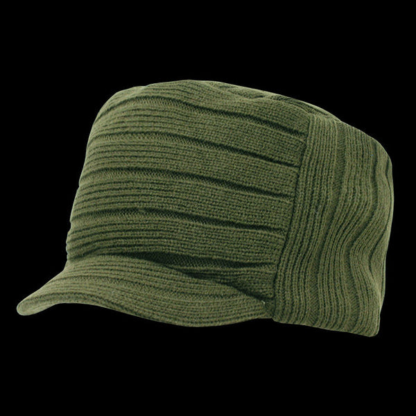Knitted Flat Top Cap w/ Visor - Olive
