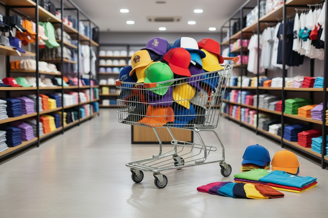 i need cart image which has full of hats and mention bulk sale contact us info@hatlinewholesale.com to the left and right side mention some shirts, beanies and hats which looks colorful