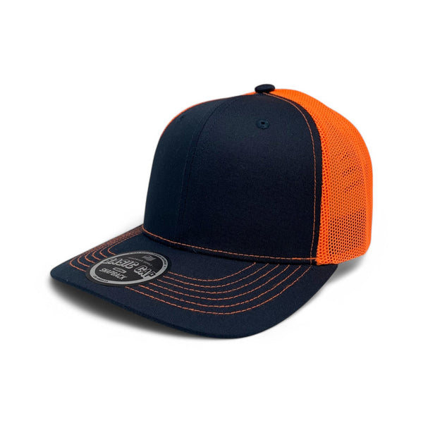 Plain Slide Curve 6Panel Mesh Hat 6001 Adjustable Snapback - NAVY/N.ORANGE