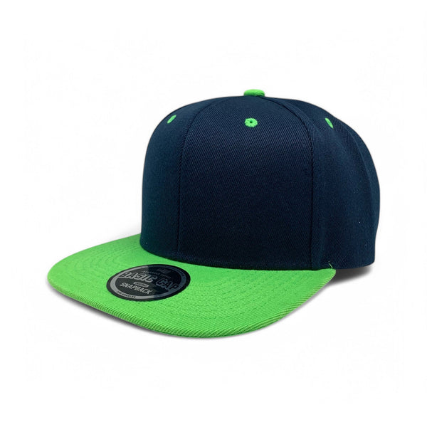 Basic Cap Plain Poly Snapback Hat 8002 - NAVY/LIME