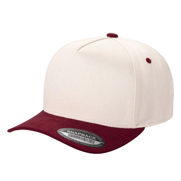 TCS - Premium 5-Panel Snapback Cap with Suede Bill - TAN/WINE